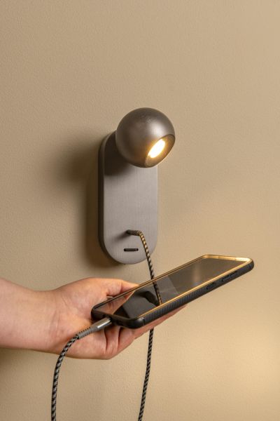 Lucide MONTANA - Wall light - LED - CCT - 1x6,3W 2700K/4000K - With USB charging point - Grey iron - Premium